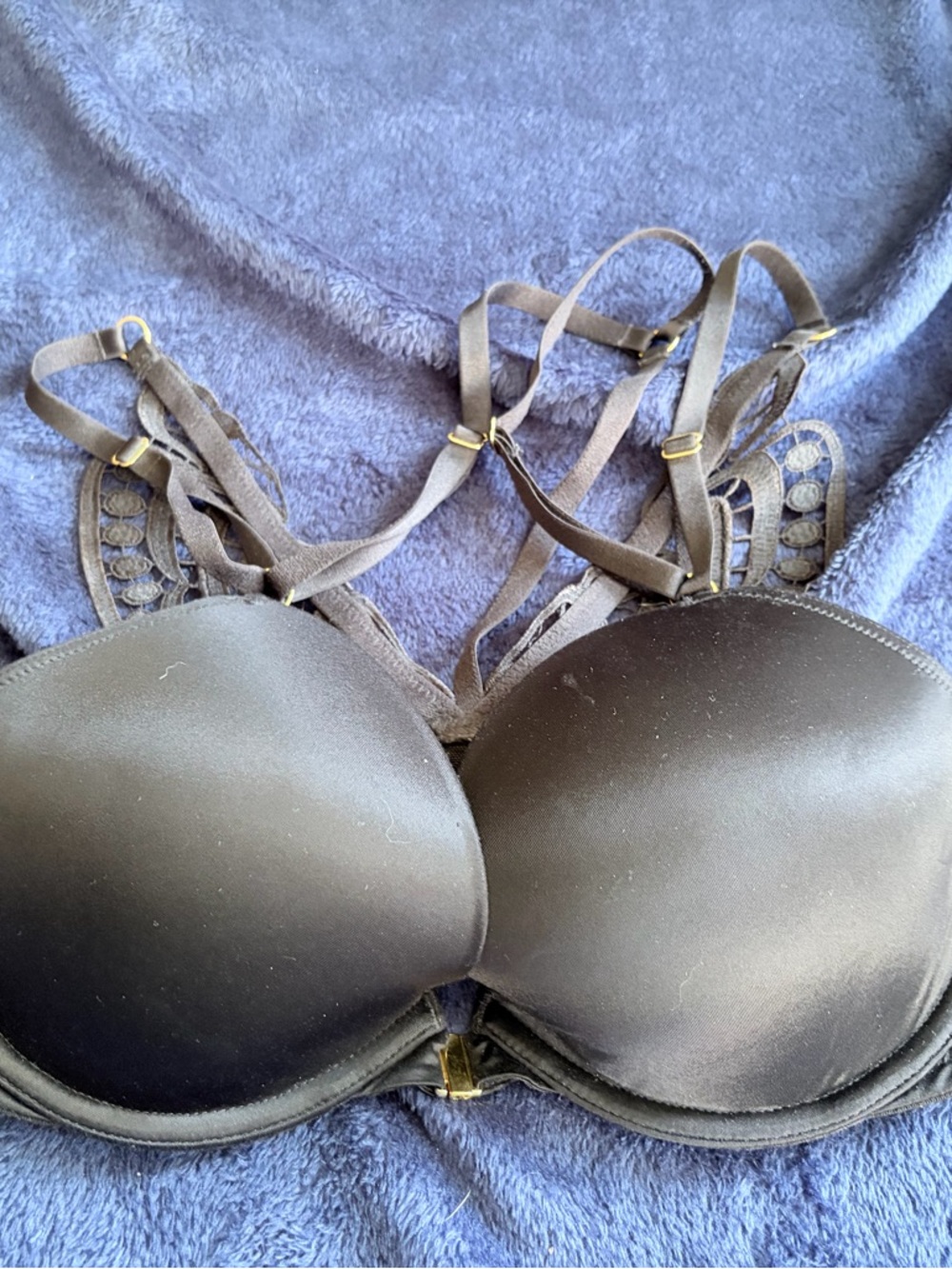 Victoria's Secret Black Strappy Push-Up Bra with Lace Details front clasp